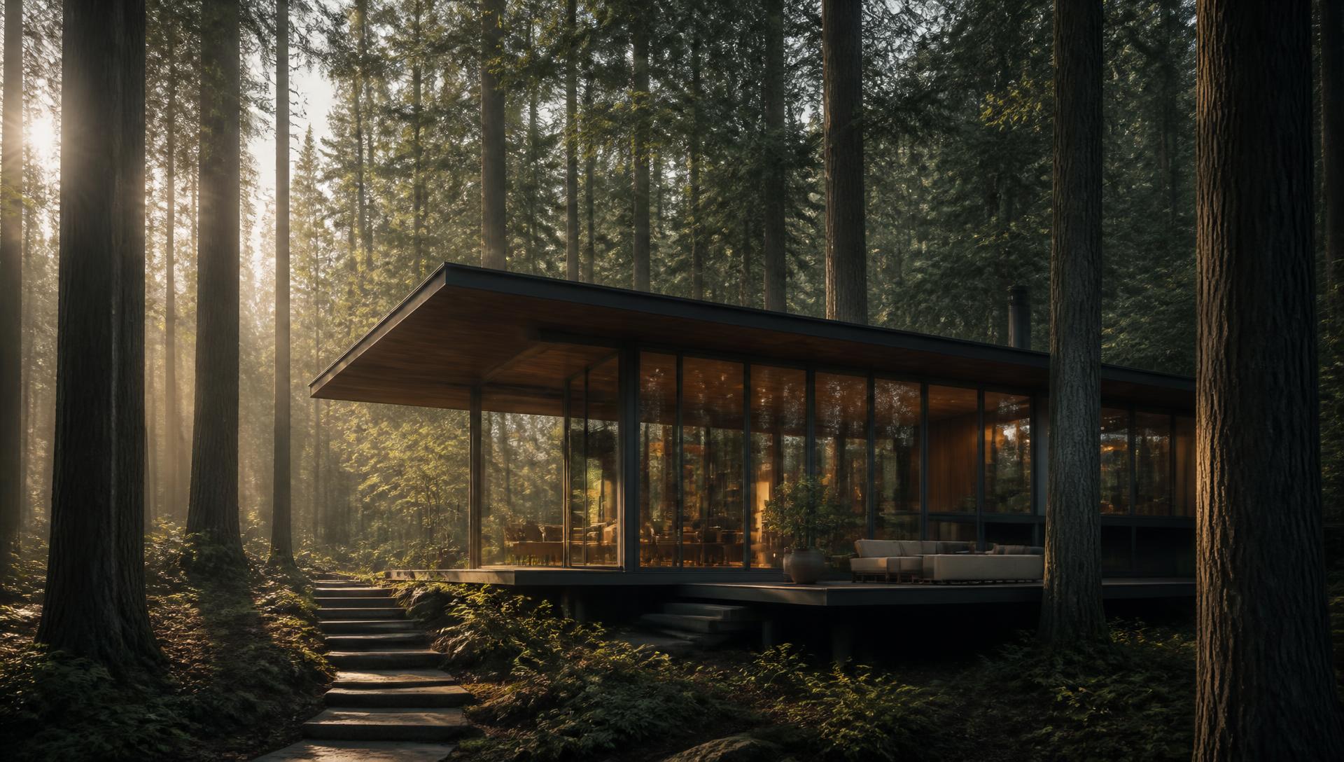 A modern glass and timber custom home nestled in a misty Blue Ridge Mountain forest at dawn