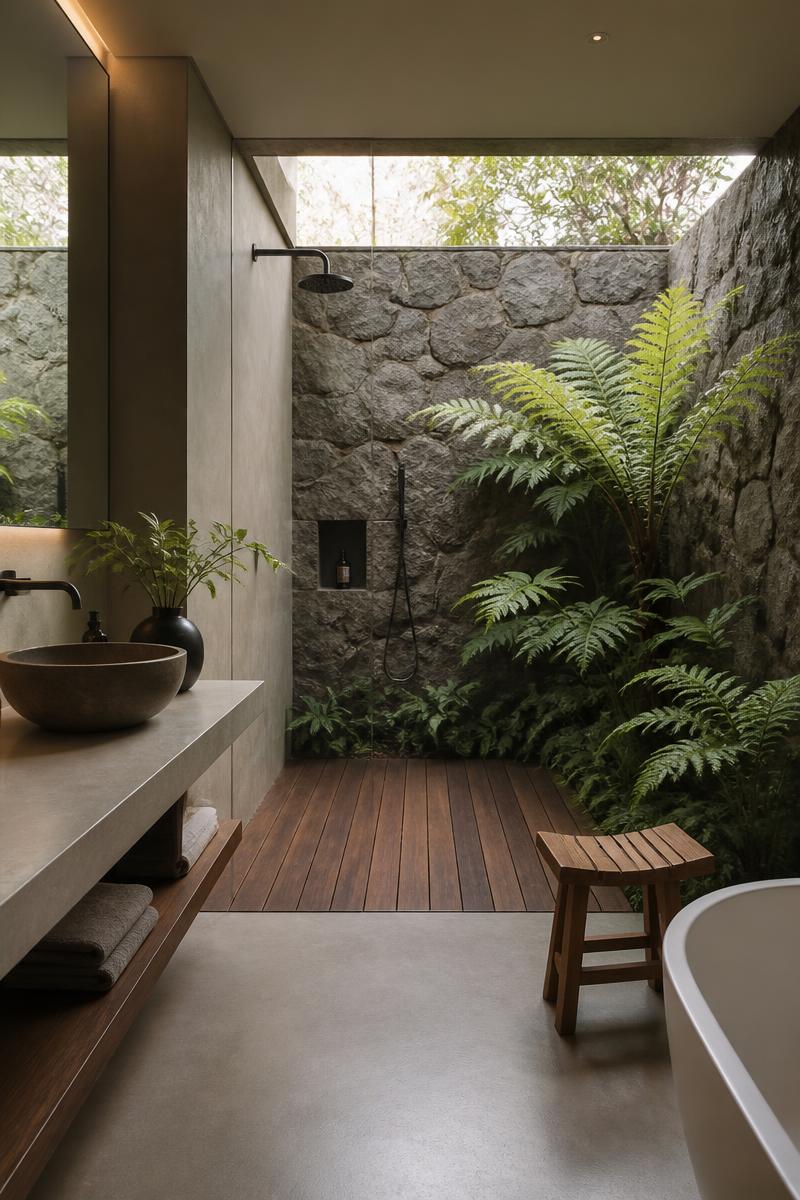 Minimalist bathroom opening onto a fern-filled outdoor shower garden with raw stone walls