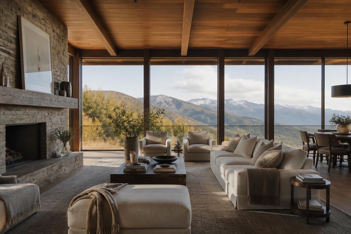 Living room with floor-to-ceiling windows framing a mountain range beneath warm timber ceilings